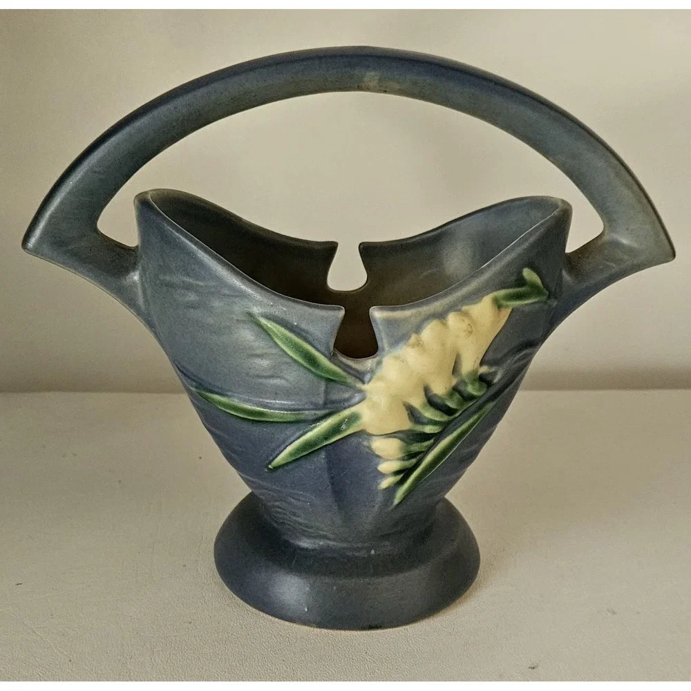 Vintage Roseville Pottery Freesia Blue Pottery Basket Vase 390-7
